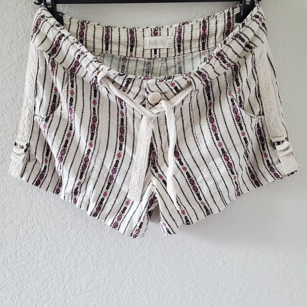 Jolt linen blend geometric prints tie front shorts